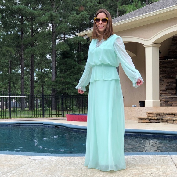 70s MINT BLUE FLOWY DRESS - Picture 4 of 4